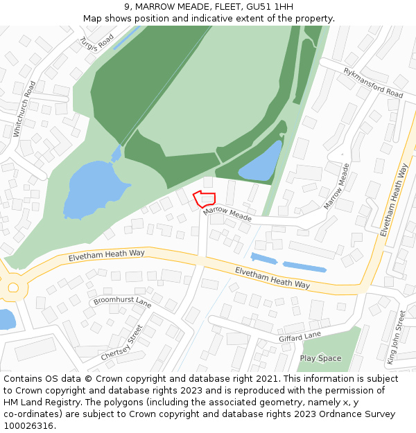 9, MARROW MEADE, FLEET, GU51 1HH: Location map and indicative extent of plot