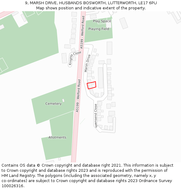 9, MARSH DRIVE, HUSBANDS BOSWORTH, LUTTERWORTH, LE17 6PU: Location map and indicative extent of plot