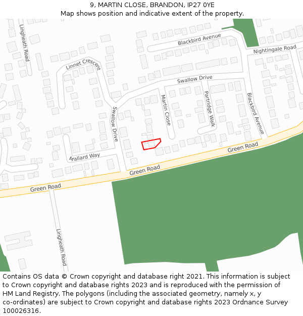 9, MARTIN CLOSE, BRANDON, IP27 0YE: Location map and indicative extent of plot