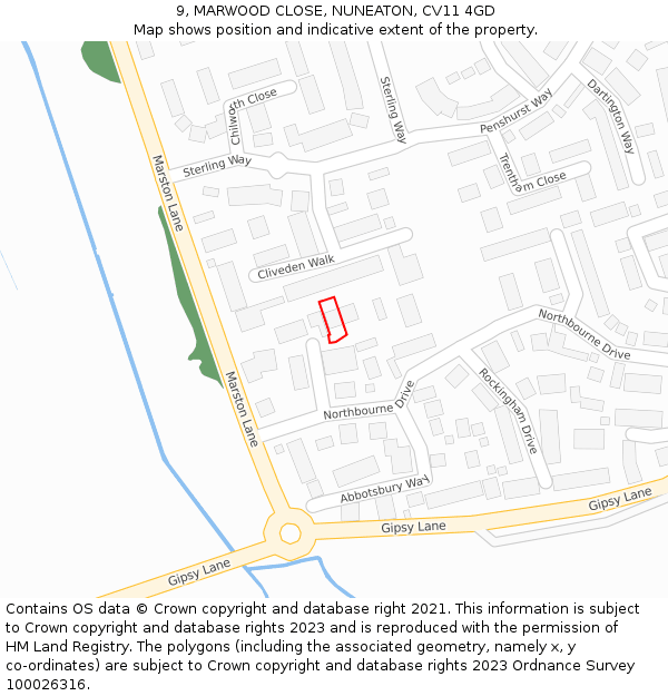 9, MARWOOD CLOSE, NUNEATON, CV11 4GD: Location map and indicative extent of plot