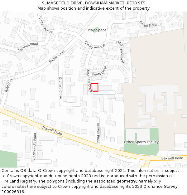 9, MASEFIELD DRIVE, DOWNHAM MARKET, PE38 9TS: Location map and indicative extent of plot