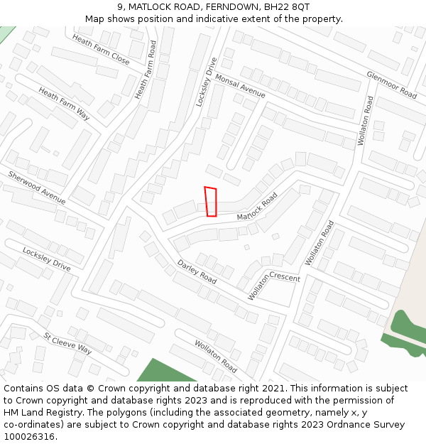 9, MATLOCK ROAD, FERNDOWN, BH22 8QT: Location map and indicative extent of plot