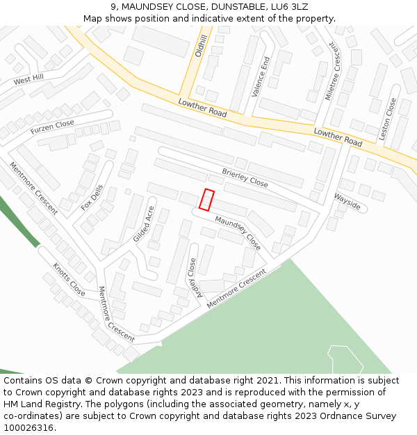 9, MAUNDSEY CLOSE, DUNSTABLE, LU6 3LZ: Location map and indicative extent of plot