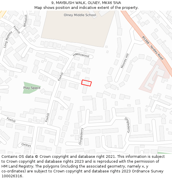 9, MAYBUSH WALK, OLNEY, MK46 5NA: Location map and indicative extent of plot