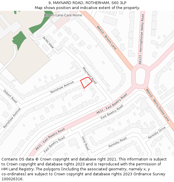 9, MAYNARD ROAD, ROTHERHAM, S60 3LP: Location map and indicative extent of plot