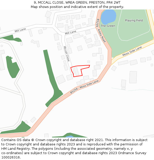 9, MCCALL CLOSE, WREA GREEN, PRESTON, PR4 2WT: Location map and indicative extent of plot