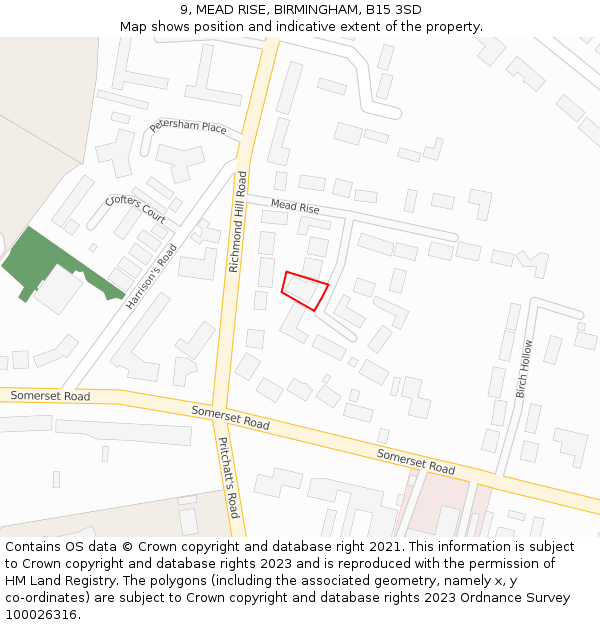 9, MEAD RISE, BIRMINGHAM, B15 3SD: Location map and indicative extent of plot