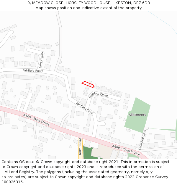 9, MEADOW CLOSE, HORSLEY WOODHOUSE, ILKESTON, DE7 6DR: Location map and indicative extent of plot
