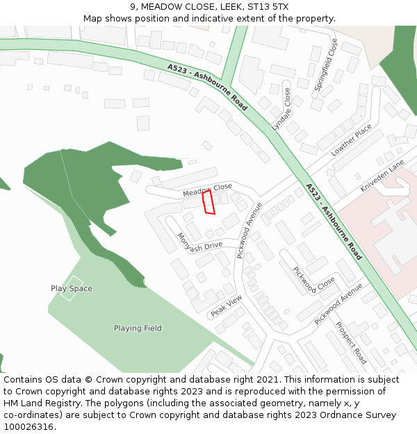 9, MEADOW CLOSE, LEEK, ST13 5TX: Location map and indicative extent of plot