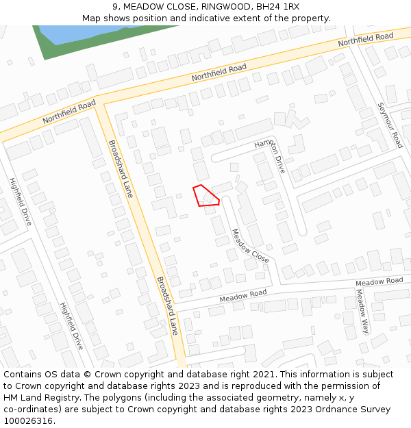 9, MEADOW CLOSE, RINGWOOD, BH24 1RX: Location map and indicative extent of plot