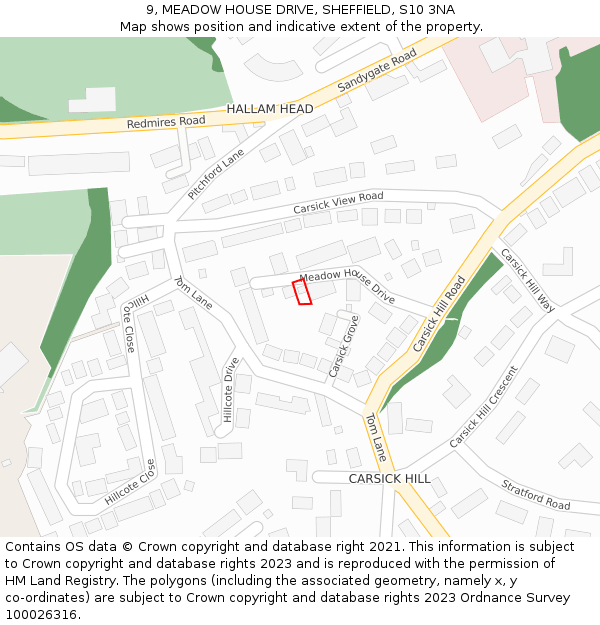 9, MEADOW HOUSE DRIVE, SHEFFIELD, S10 3NA: Location map and indicative extent of plot