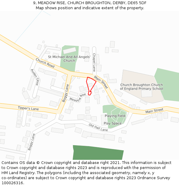 9, MEADOW RISE, CHURCH BROUGHTON, DERBY, DE65 5DF: Location map and indicative extent of plot