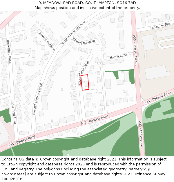 9, MEADOWHEAD ROAD, SOUTHAMPTON, SO16 7AD: Location map and indicative extent of plot