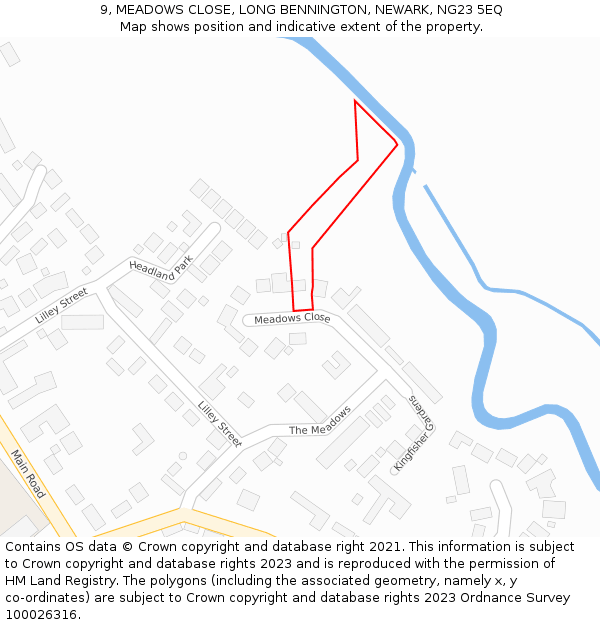 9, MEADOWS CLOSE, LONG BENNINGTON, NEWARK, NG23 5EQ: Location map and indicative extent of plot