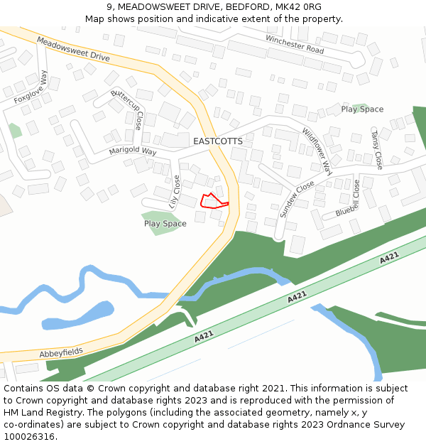 9, MEADOWSWEET DRIVE, BEDFORD, MK42 0RG: Location map and indicative extent of plot