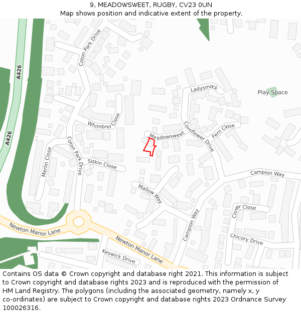 9, MEADOWSWEET, RUGBY, CV23 0UN: Location map and indicative extent of plot