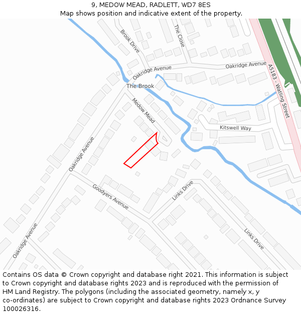 9, MEDOW MEAD, RADLETT, WD7 8ES: Location map and indicative extent of plot