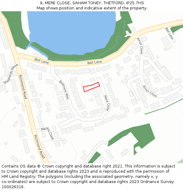 9, MERE CLOSE, SAHAM TONEY, THETFORD, IP25 7HS: Location map and indicative extent of plot