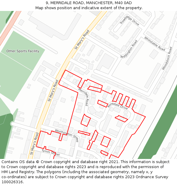 9, MERRIDALE ROAD, MANCHESTER, M40 0AD: Location map and indicative extent of plot