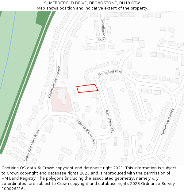 9, MERRIEFIELD DRIVE, BROADSTONE, BH18 8BW: Location map and indicative extent of plot