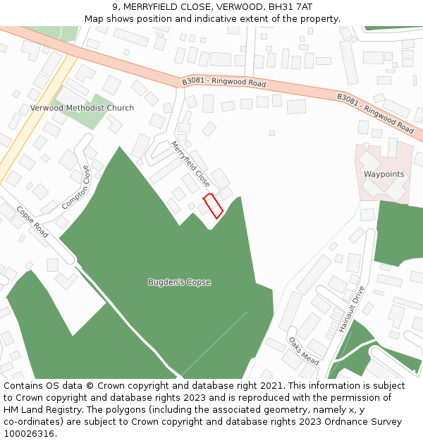 9, MERRYFIELD CLOSE, VERWOOD, BH31 7AT: Location map and indicative extent of plot