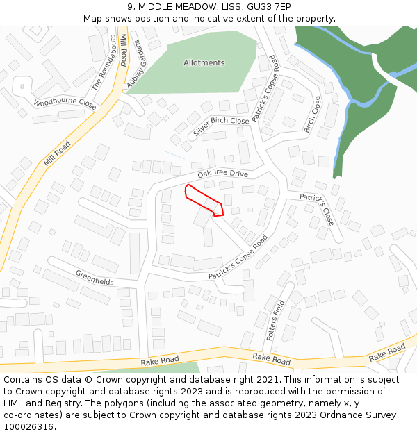 9, MIDDLE MEADOW, LISS, GU33 7EP: Location map and indicative extent of plot