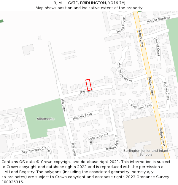 9, MILL GATE, BRIDLINGTON, YO16 7AJ: Location map and indicative extent of plot