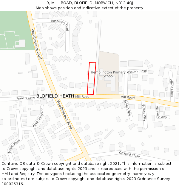 9, MILL ROAD, BLOFIELD, NORWICH, NR13 4QJ: Location map and indicative extent of plot