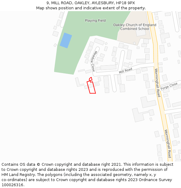 9, MILL ROAD, OAKLEY, AYLESBURY, HP18 9PX: Location map and indicative extent of plot