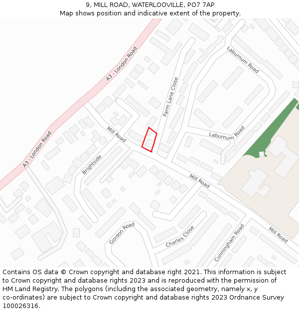 9, MILL ROAD, WATERLOOVILLE, PO7 7AP: Location map and indicative extent of plot