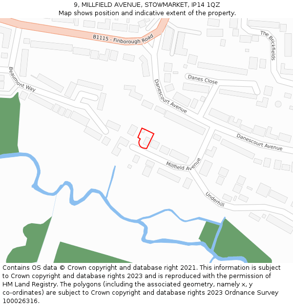 9, MILLFIELD AVENUE, STOWMARKET, IP14 1QZ: Location map and indicative extent of plot