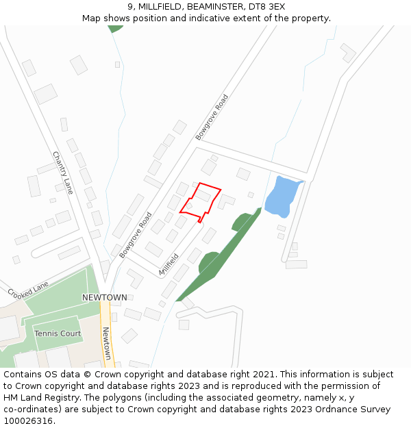 9, MILLFIELD, BEAMINSTER, DT8 3EX: Location map and indicative extent of plot