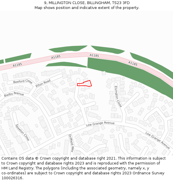 9, MILLINGTON CLOSE, BILLINGHAM, TS23 3FD: Location map and indicative extent of plot