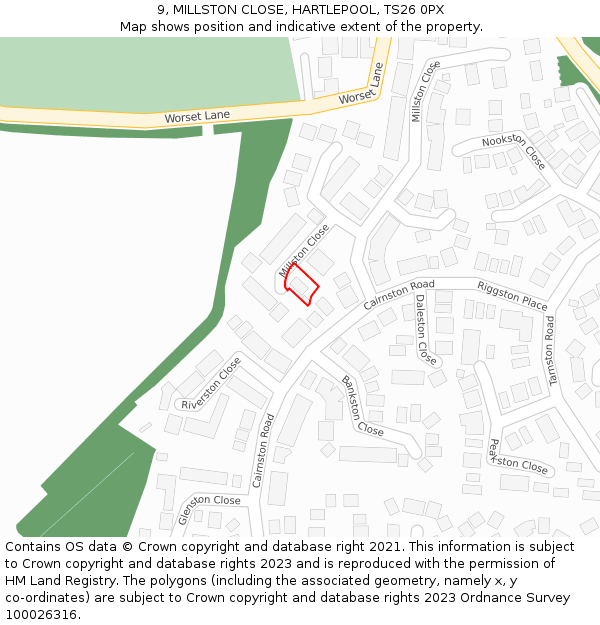 9, MILLSTON CLOSE, HARTLEPOOL, TS26 0PX: Location map and indicative extent of plot