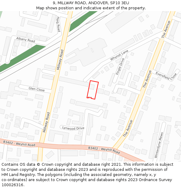 9, MILLWAY ROAD, ANDOVER, SP10 3EU: Location map and indicative extent of plot