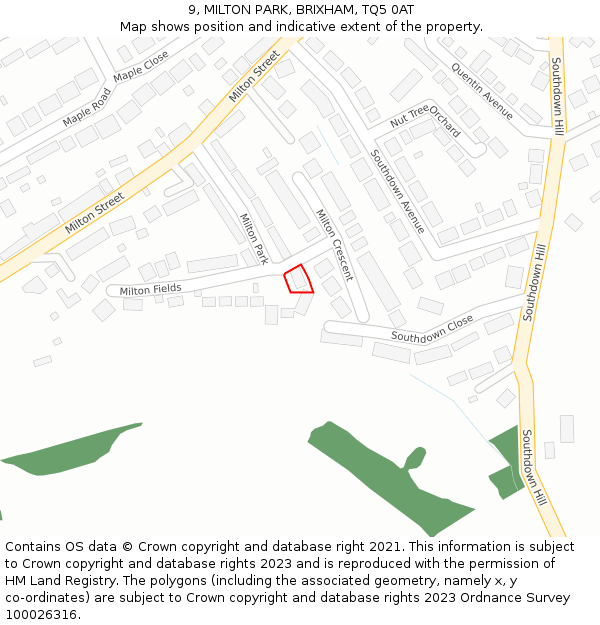 9, MILTON PARK, BRIXHAM, TQ5 0AT: Location map and indicative extent of plot