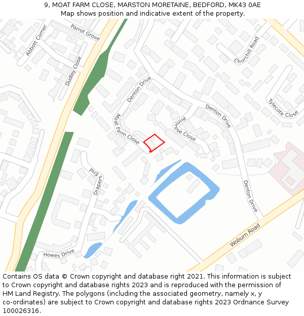 9, MOAT FARM CLOSE, MARSTON MORETAINE, BEDFORD, MK43 0AE: Location map and indicative extent of plot