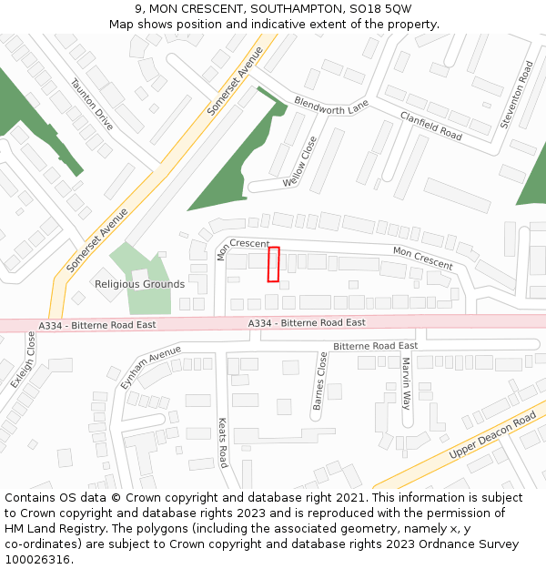 9, MON CRESCENT, SOUTHAMPTON, SO18 5QW: Location map and indicative extent of plot