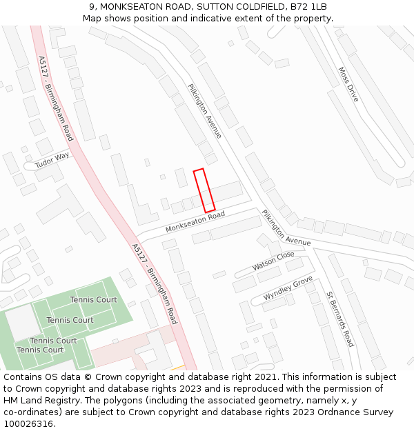 9, MONKSEATON ROAD, SUTTON COLDFIELD, B72 1LB: Location map and indicative extent of plot