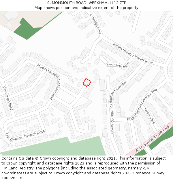 9, MONMOUTH ROAD, WREXHAM, LL12 7TP: Location map and indicative extent of plot