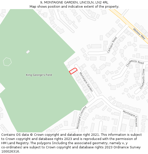 9, MONTAIGNE GARDEN, LINCOLN, LN2 4RL: Location map and indicative extent of plot
