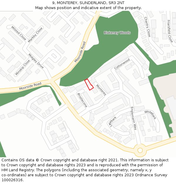 9, MONTEREY, SUNDERLAND, SR3 2NT: Location map and indicative extent of plot