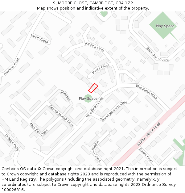 9, MOORE CLOSE, CAMBRIDGE, CB4 1ZP: Location map and indicative extent of plot