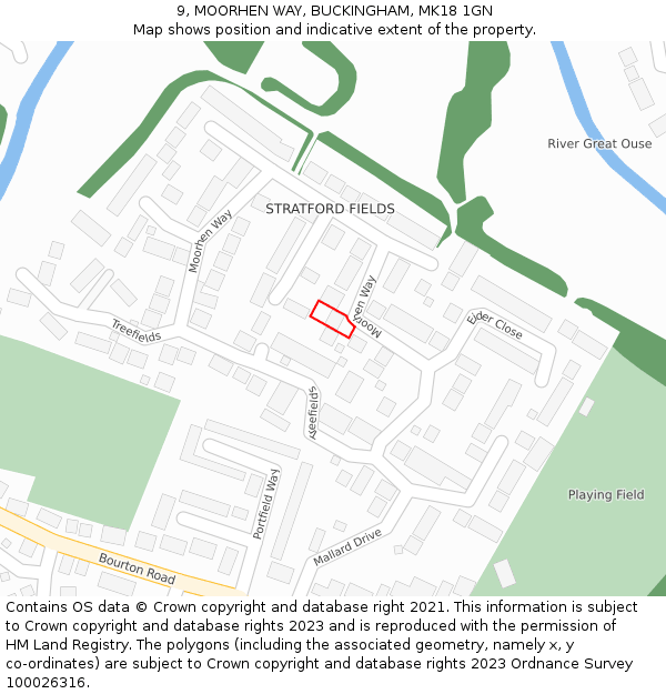 9, MOORHEN WAY, BUCKINGHAM, MK18 1GN: Location map and indicative extent of plot