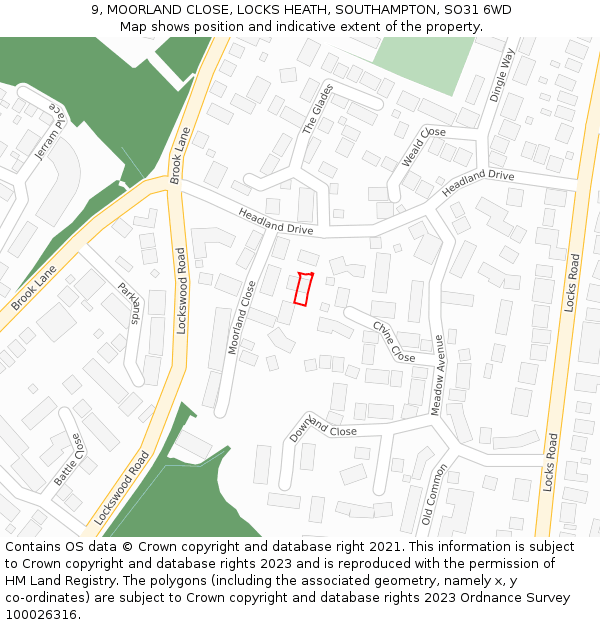 9, MOORLAND CLOSE, LOCKS HEATH, SOUTHAMPTON, SO31 6WD: Location map and indicative extent of plot