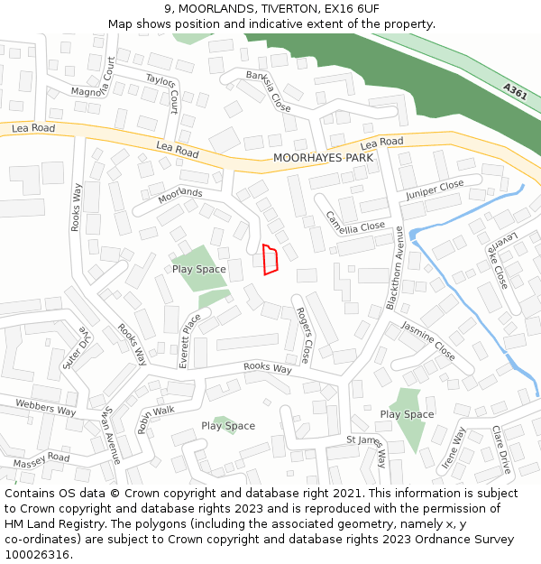 9, MOORLANDS, TIVERTON, EX16 6UF: Location map and indicative extent of plot