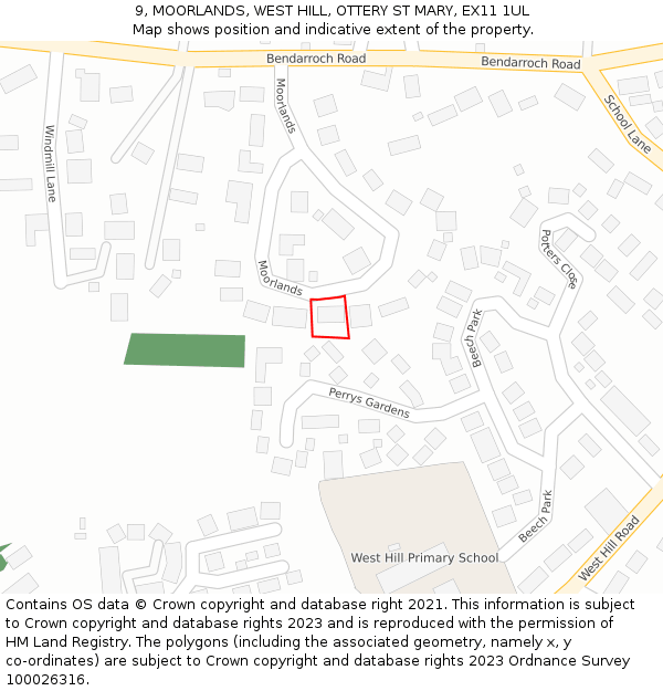 9, MOORLANDS, WEST HILL, OTTERY ST MARY, EX11 1UL: Location map and indicative extent of plot