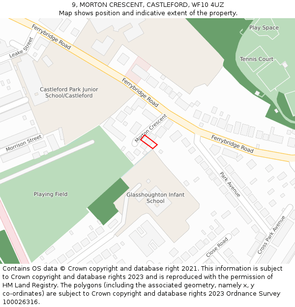 9, MORTON CRESCENT, CASTLEFORD, WF10 4UZ: Location map and indicative extent of plot