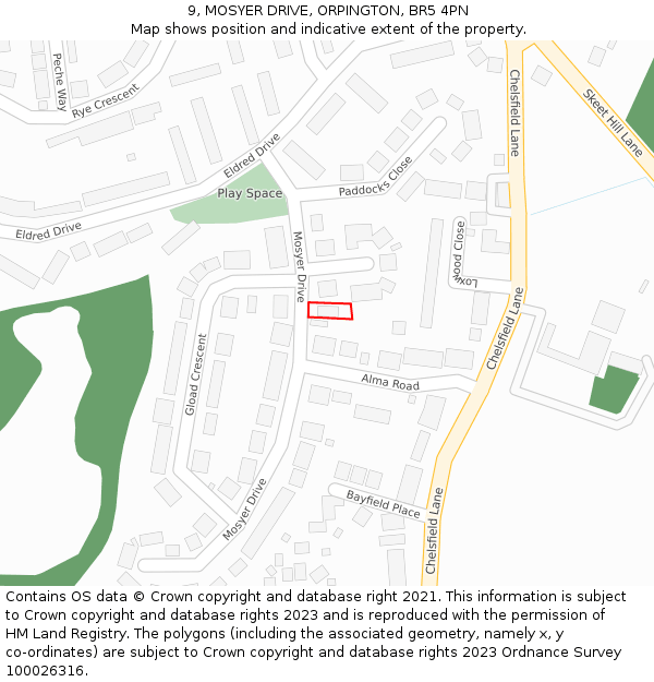 9, MOSYER DRIVE, ORPINGTON, BR5 4PN: Location map and indicative extent of plot