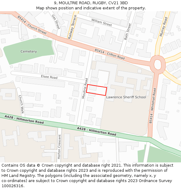 9, MOULTRIE ROAD, RUGBY, CV21 3BD: Location map and indicative extent of plot